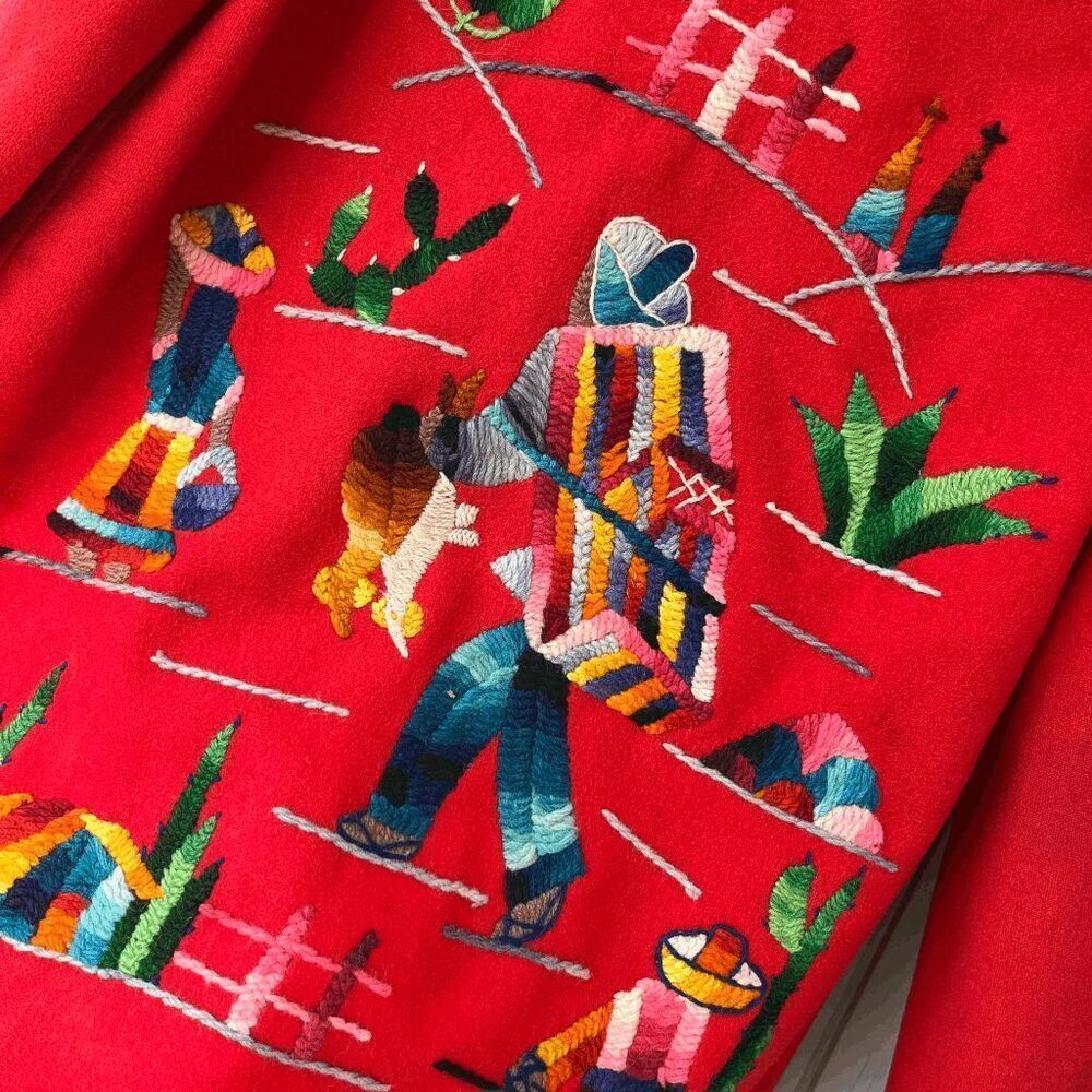 VTG 1940s Mexican Embroidered Wool Jacket Hand-Dyed Yarn, Folk Art, Red Wool S - Picture 7 of 15